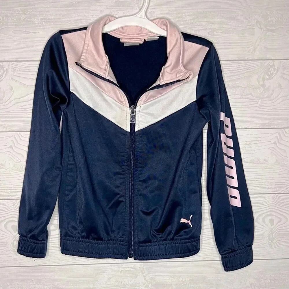 PUMA Girls Navy Pink Track Jacket & Gray Tank Top Set Size 5 Activewear Outfit - Picture 3 of 11
